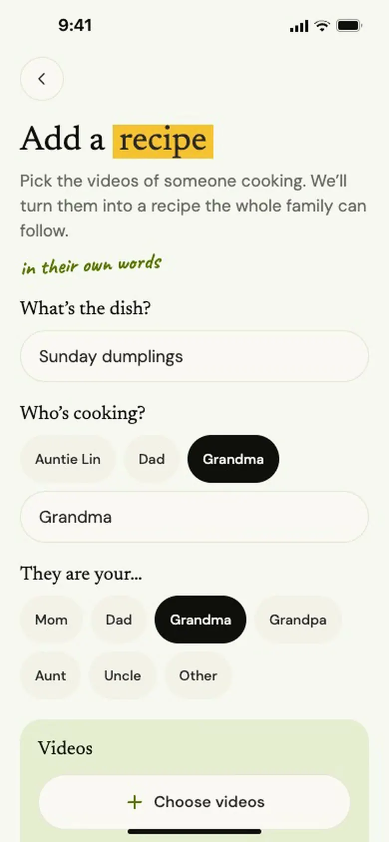 The Add a recipe screen in Edible, with Sunday dumplings typed in and Grandma picked as the cook.